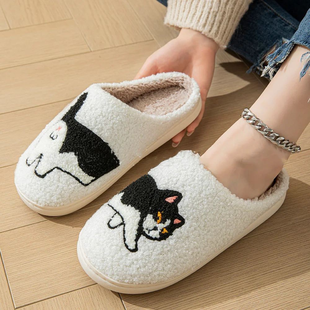 Plush Cotton Slippers For Women - Black Cat Design