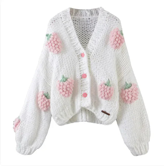 Handmade Crochet Cardigan Sweater Women Fruit Jacquard Embroidery