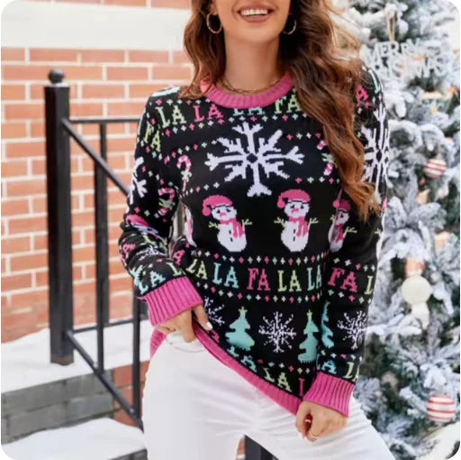 Cozy Round Neck Snowman Jacquard Sweater