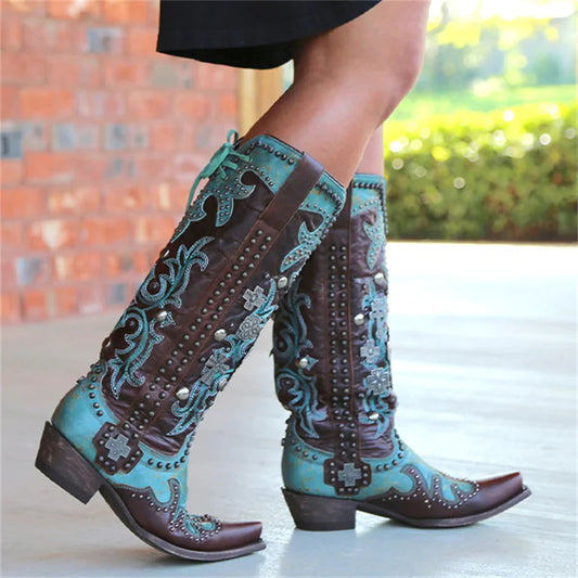 Chic Embroidered Lace-Up Mid-Calf Boots with Bold Thick Heels for Women