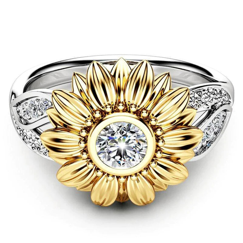 Silver Crystal Sunflower Ring