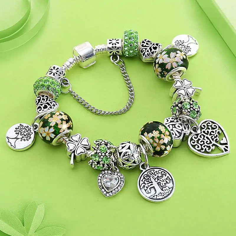 Peridot Flower Bead Charm Bracelet