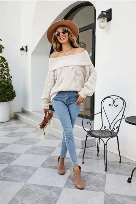 Women's Chic Off-Shoulder Cable Knit Sweater